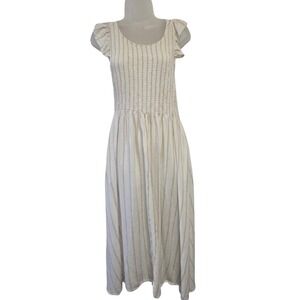 Free People Striped Smocked Maxi Dress Gauze Flutter Sleeve Button Front Cream M